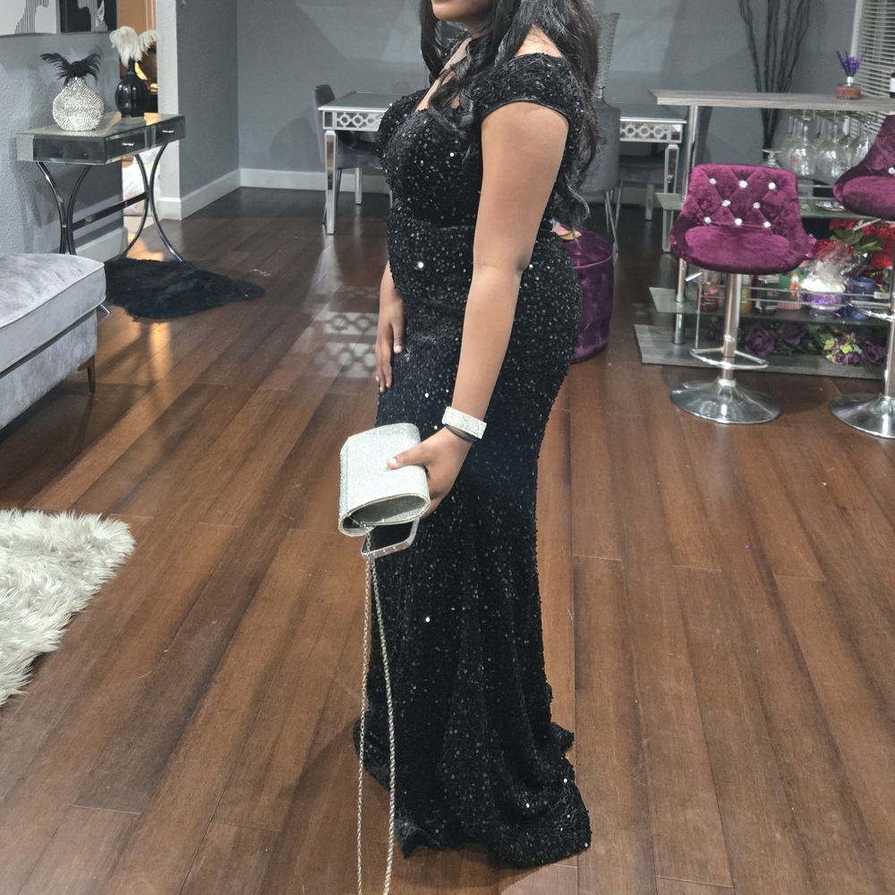 Black Sequin  Cap Sleeve Gown